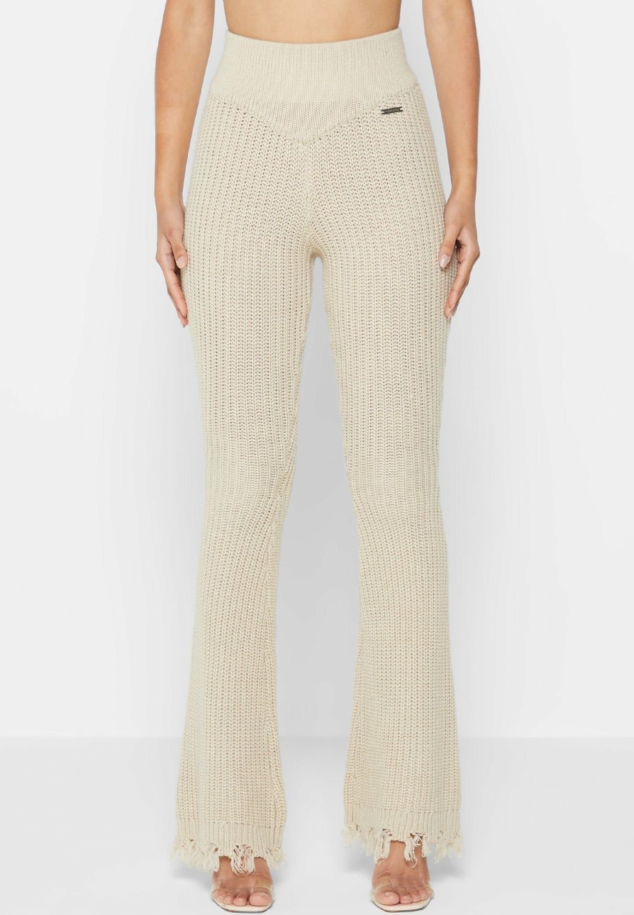 Women Maniere De Voir Trousers | Distressed Knitted Fit And Flare Trousers Beige